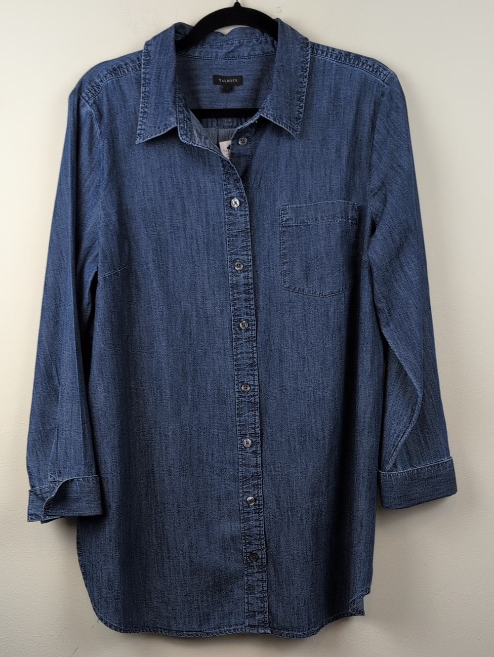 NWT Talbots Boyfriend Button Up Denim Shirt Indigo Night Wash Cotton Size L